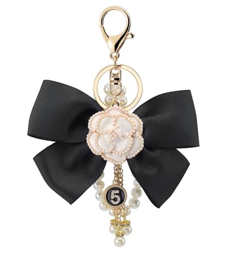 Camellia Flower Purse Charm Keychain with Bow and Pearl Accents - color: White