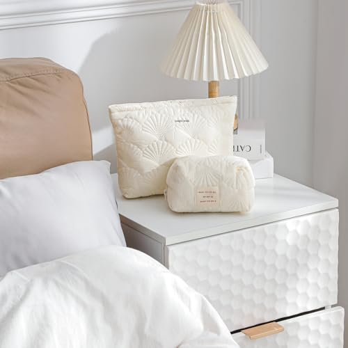 RSRSLEII Quilted Cotton Seashell Makeup Bag, Travel Toiletry Bag, White - color: 01White
