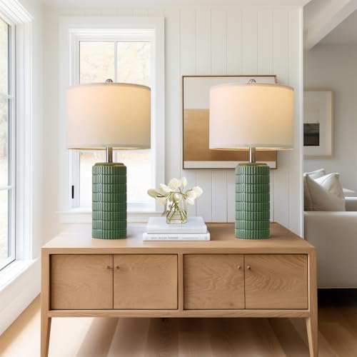 PoKat 23" Dark Green Ceramic Table Lamps Set of 2, Modern Table Lamps for Living Room, Farmhouse Lamps for Bedroom Night Stands, Traditional Nightstand Desk Decor Lamps - color: Dark Green