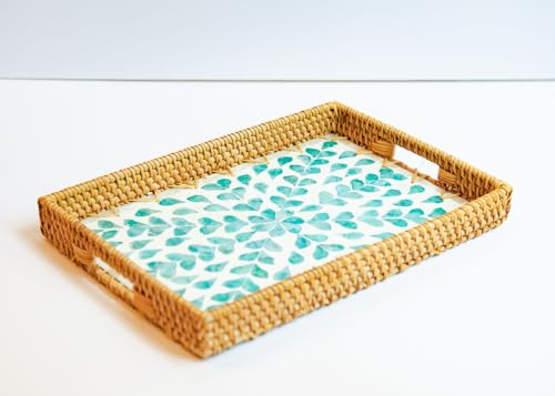 Magenta & Teal Decorative Rectangle Rattan Serving Tray 13x9 inch Mother of Pearl Inlay, Wicker Coffee Table Decor, Farmhouse (Teal Tan Flower) - color: Teal Tan Flower