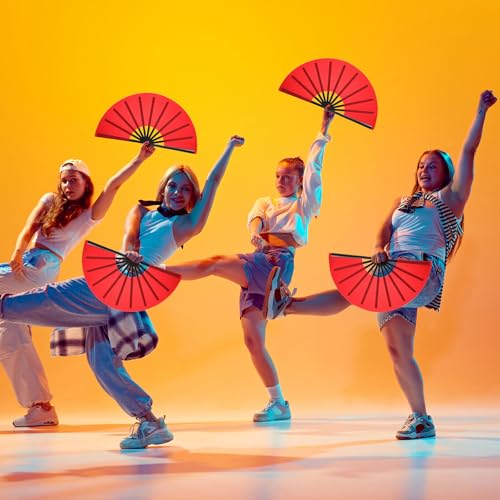 Maitys 2 Pack Foldable Chinese Fan for Rave Dance,Red,Simple Pattern - color: Red, style: Simple Pattern