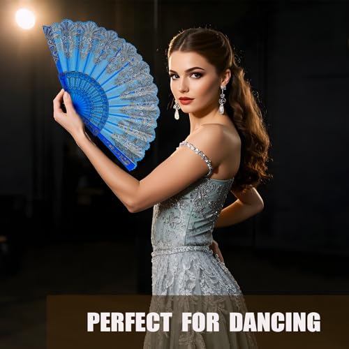 QIRMIZI 10 Pack Folding Handheld Fans,Silk Spanish Fan, Perfect for Weddings, Parties, and Dancing,Light Blue - color: Light Blue, size: 10 PACK