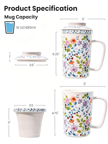 Ceramic Tea Mug with Infuser and Lid,16oz Floral Loose Leaf Tea Cup - color: Vibrant Floral