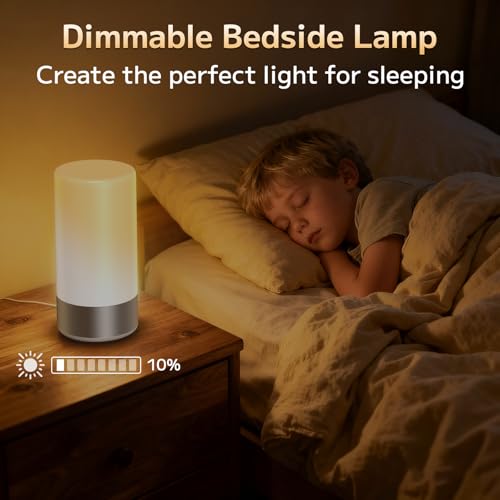 Table Lamp, Bedside Touch Control Lamp for Bedroom 3 Level Dimmable Warm White Lights with 256 RGB Color Mode Modern Deisgn Smart Nightstand Desktop LED Lamps Portable for Read(Advanced)