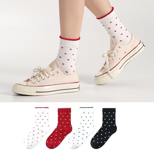 Womens Cotton Crew & Ankle Socks, Cute Floral Ruffle Colorful Tube Size 6-9 - color: Heart Pattern a