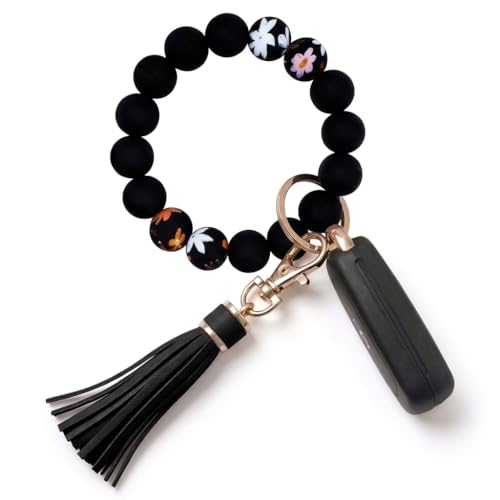 BIHRTC Key Ring Bracelet Car Keychain Holder Wristlet Silicone Women Beaded Bangle Chains - color: Flowers Demon Eye