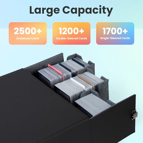 Trading Card Storage Box, 3-Row Deck Case with Handle, 2500+ Card Organizer with 8 Colorful Dividers & 3 Stoppers for MTG TCG PTCG Sports Card, Black & Grey - color: Black & Grey, size: 2500+, with Handle