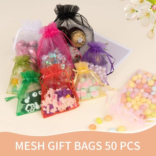 50PCS Pink Organza Bags 3x4, Small Gift Bags for Women, Mesh Pouches Drawstring Packaging Baggies for Jewelry Goodie Makeup Soap Candy Wedding Favors Birthday Halloween Party Baby Shower - color: Pink