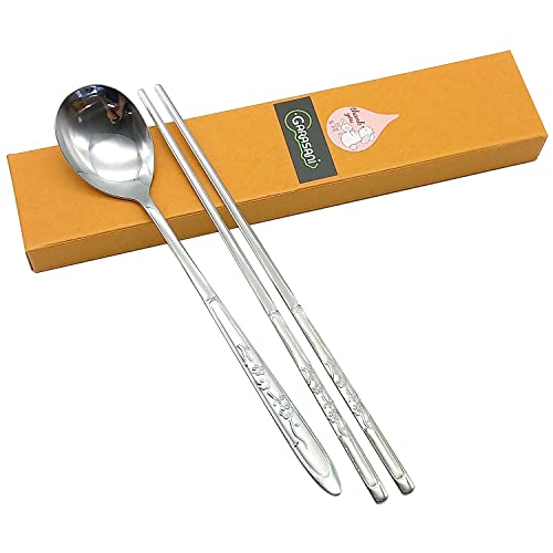 GARASANI Korean Traditional Cutlery Stainless Steel Spoons and Chopsticks Set (Silver Plum blossom) - color: Silver Plum blossom