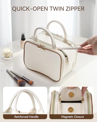 Prite Large Makeup Bag, Waterproof Travel Cosmetic Case with Brush Holder - color: Beige, size: Large
