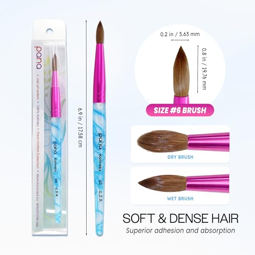 PANA Pure Kolinsky Hair Acrylic Nail Brush - Round Shape Pink Ferrule with White Swirl Blue Handle (Size 6) - Nail Brush for Acrylic Nail Application, Nail Extension, Manicure Pedicure Salon Beginner - color: White Swirl Blue, size: Size 6
