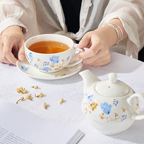 Tea for One Set, Porcelain Teapot and Cup Set, Teapot for One - color: Bule flower