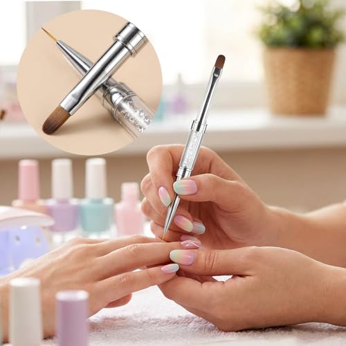 2Pcs Professional Hard Gel Nail Brushes, Dual-Ended Builder Gel Brush Set with Rhinestone Handle, Oval & Liner Brushes for French Tip, Acrylic & Polygel Application