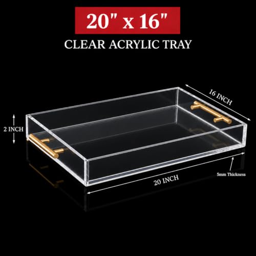 Clear Acrylic Tray 20x16” with Golden Metal Handles - Large Plastic Tray for Serving Guests, Countertop Organization, Ottoman Coffee Table & Vanity – Modern Decorative Tray for Home & Office - color: Golden Handles - Transparent, size: 20" x 16" x 2"
