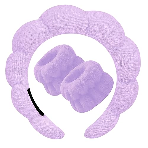 Beleki Spa Headband for Washing and Wristband Set Sponge Headband Women Face Wash Makeup Skincare Non Slip Puffy Headwear Thick Hair Accessories for Women Girls, Purple - color: Purple