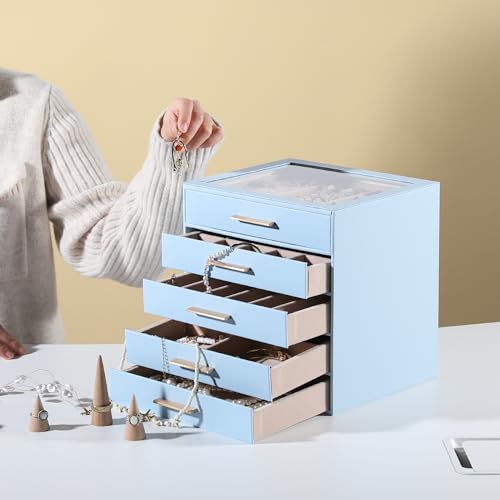 Frebeauty Jewelry Box for Women,Clear Lid Jewelry Organizer with 5 Drawers - color: Sky Blue, size: 5 Drawer