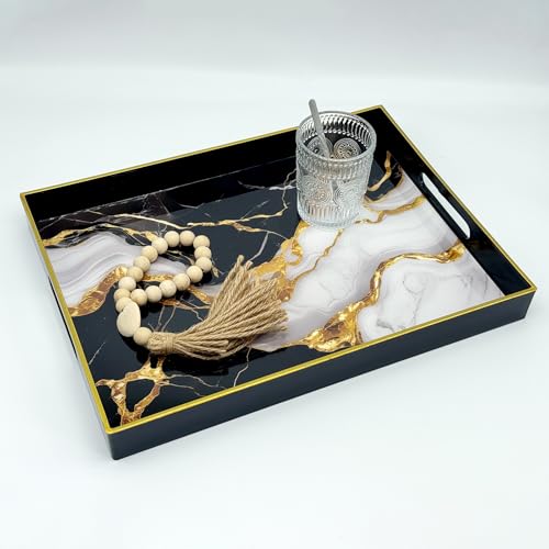 Serving Tray with Handles, 15.7 * 11.8 inches, Plastic Ottoman Tray with Exquisite Paintings, Trays for Coffee Table - color: Gilt Marble