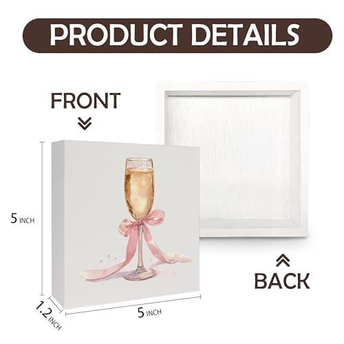 Cocktail Signs, Bar Decorations for Home,Pink Coquette Bow Champagne Wooden Box Sign, Champagne Bar Wood Signs for Home Desk Table Shelf Decor, 5x5 Inch - color: A-Champagne