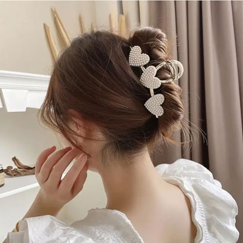 Pearls Heart Hair Clips Valentines Day Hair Accessories for Women Girls Pearl Gold Metal Hair Claw Clips Shiny Hearts Hairpins Strong Hold Hair Clip for Thick or Thin Hair Decoration 1 Pcs - color: A