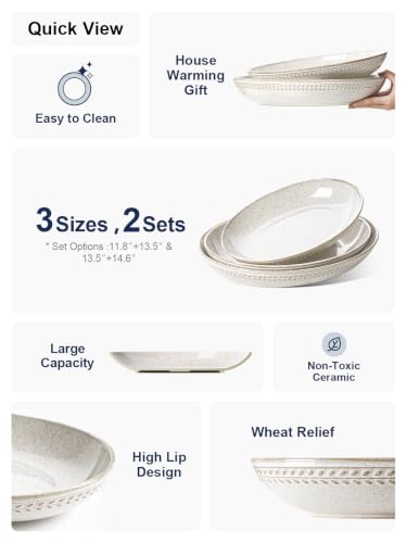 LE TAUCI Ceramic Serving Bowls Set of 2, Large Oval Serving Dishes for Entertaining, 13.5 & 14.6 Inch Salad Bowl for Kitchen Counter, Fruit Bowl, Pasta Bowls, Microwave and Dishwasher Safe - Birch - color: Birch, size: M+L