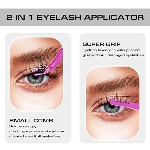 2 in 1 Lash Tweezer with Comb, Stainless Steel Elbow Tweezers, Eyelash Extension, Precise Eyebrow Tweezers Tool, Lashes Tweezer Applicator for DIY Applying False Eyelashes Clusters, Rose - color: Pink