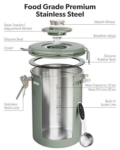 Veken Coffee Canister with Window, Airtight Stainless Steel Container, 22OZ - color: Green, size: 22 oz