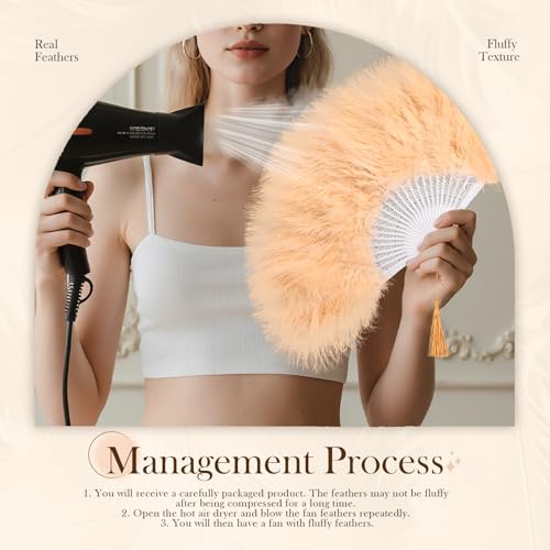 whitefeather Vintage Feather Hand Fan, 17.7 x 11.8 inches, Marabou Feathers, 1920s Style for Costume Parties, Tea Parties - color: Champagne