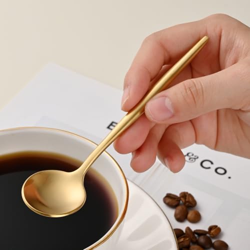 5.1 Inches Satin Gold Coffee&Tea Spoons,Small Demitasse Spoon,Mini Spoons For Stirring,Gold Teaspoons Set Of 4 SS18/10 Solid Round Spoon - color: Gold, size: 5.1 Inch