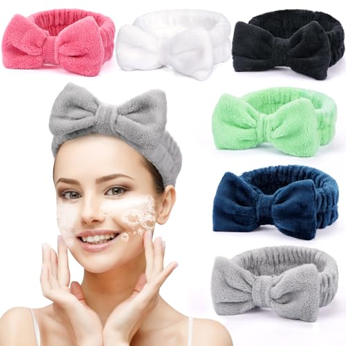 6 Pack Spa Skincare Makeup Face Washing Headband Bow Soft Coral Fleece - color: Green,black,pink,white,grey and dark blue