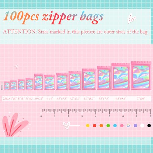 Funfery 100pcs Pink Mylar Holographic Bag-Resealable Zipper&Clear Window - color: Pink, size: 7 x 10 Inch