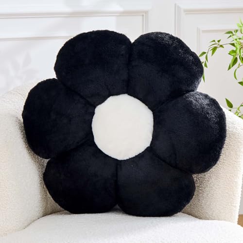 Kcvvcr Black Flower Pillow, Cute Decorative Flower Shaped Throw Pillow with Faux Rabbit Fur, 14.9" Soft Daisy Plush Floor Cushion Aesthetic Room Decor for Bed Sofa Couch - color: Black, size: 14.9 Inch