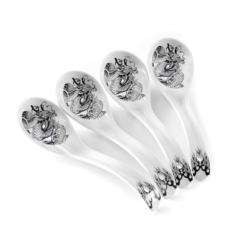 Hagary Ceramic Spoon Soup Spoons Asian Soup Spoon Chinese Korean Japanese Ramen Spoons Set of 4 with Hole 6.2 Inch (Black - Dragon New) - color: Black - Dragon New