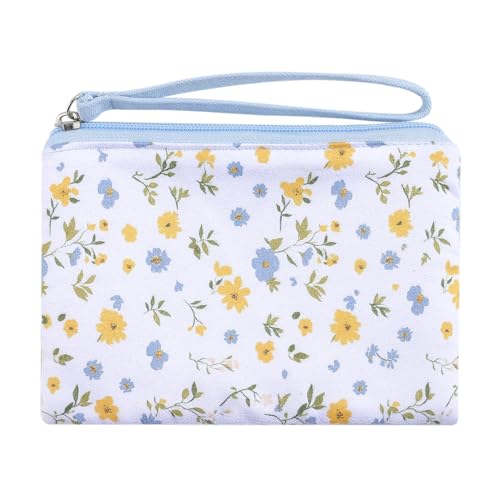Cotton Floral Mini Organizer Bag Coin Purse for Women with KeyChain Cute Printed Zipper Change Purse Coin Pouch Card Holder Wallet Clutch for Women Girls - color: Blue