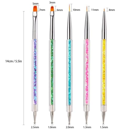AIBEE Nail Art Brushes, 5pcs Double-Ended Acrylic Nail Brush Including 7/9/11mm Nail Liner Brush Flat Brushes and Nail Dotting Tools for Nail Art Design