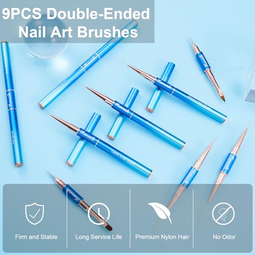 KEMEISI Nail Art Brush Set, 9PCS Double-Ended Acrylic Liner Brush Dotting Pen for Gel Polish, Nail Design Tools for Professional Manicure DIY Home Salon - color: Blue