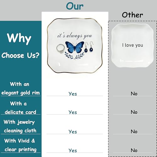 Ceramic Jewelry Tray, Decorative Blue Butterfly Trinket Dish for Rings Earrings Necklaces Bracelet Watch Keys, "It's Always You" Jewelry Dish Birthday Mother's Day Christmas Romantic Gift for Women - style: It's always you