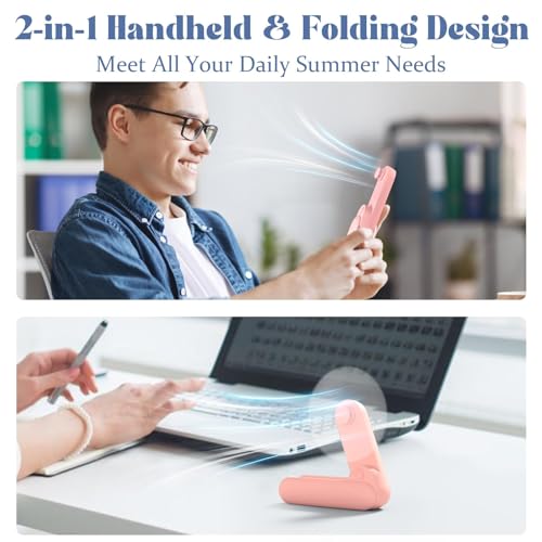 Lerat Portable Handheld Fan, 2 IN 1 Mini Hand Fan, Battery Operated [8-15 Working Hours], USB Rechargeable Personal Foldable Fan for Indoor, Small Pocket Fans Travel Essentials for Outdoor (Pink) - color: Pink