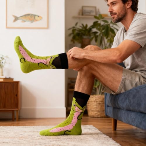 Colorful Funny Novelty Dress Socks for Men Women Teens Fathers Day Casual Fun Crazy Funky Graphic Crew Socks - color: 5 Pairs - Funny Novelty Themed - Astronaut American Flag Star & Green Crocodile & Trout Fish Illustration & Palm Tree & Desert Cactus Sun