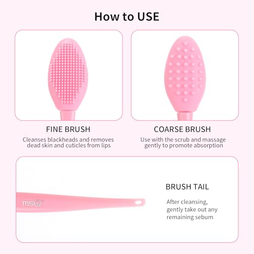 MSQ 3PCS Lip Scrub Brush, Double-end Silicone Nose Clean Brush Lip Exfoliating Brush for Man Women Double-Sided Soft Lip Brush for Smoth Lip Appearance,Pink - color: Pink