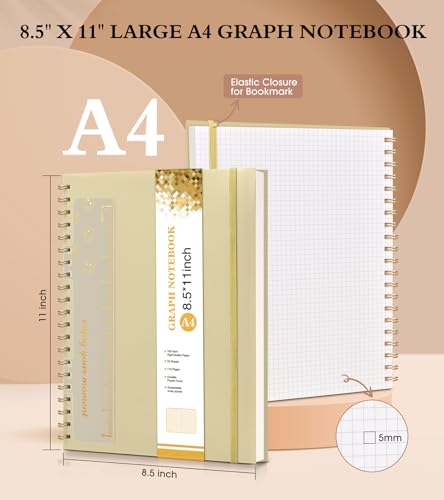 Graph Paper Notebook, Spiral Notebook Journal 8.5” x 11”, A4 Large Grid Notebooks for Women Men, 100 GSM Graph Paper, Plastic Hardcover Spiral Graphing Journals for Work School Engineerin, Yellow - color: Yellow, size: Graph