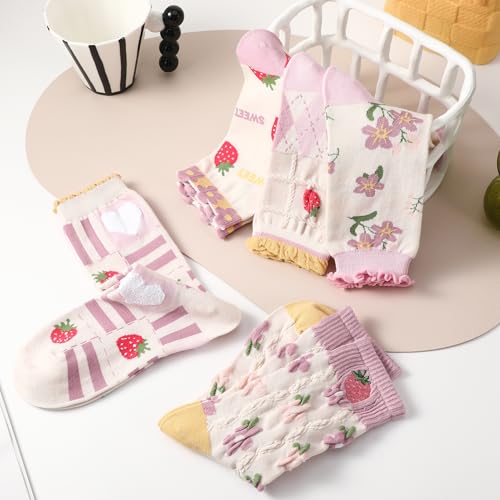 5/6 Pair Crew Socks for Women Floral Socks - color: Pink, Red