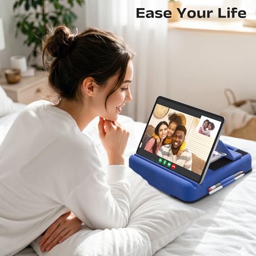 Tablet Pillow Stand, Multi-Angle Foldable iPad Holder for Bed, Sofa, Desk, Lap, Soft Pad Dock with Storage Pocket & Stylus Mount, for 4.7-13" Devices iPad,iPhone,E-Reader,Books (Blue) - color: Blue
