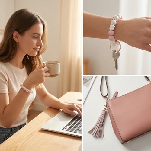 BIHRTC Key Ring Bracelet Car Keychain Holder Wristlet Silicone Women Beaded Bangle Chains - color: Pink Blue Floral