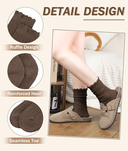 Justay 6 Pairs Ruffle Socks Women, Crew Cotton Frilly Boot Socks - color: Blue Black Brown Khaki Dark Grey Light Grey