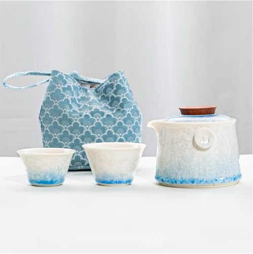 Hermit Life Chinese Travel Tea Set, Portable Ceramic Teapot for One to Two, Gongfu Tea Set with Crystal Glaze, 1 Pot 2 Cups, Gift for Tea Lovers (Icy Blue) - color: Icy Blue