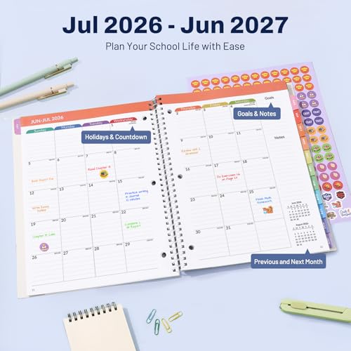 Student Planner 2026-2027, SUNEE Middle or High School Student Planner for Academic Jul. 2026 - Jun. 2027, 8.5"×11" Lesson Plan Book with 3-Hole Punched, Bookmark, Planning Stickers, Academic Color - color: Academic Color, size: A4 8.5"×11"
