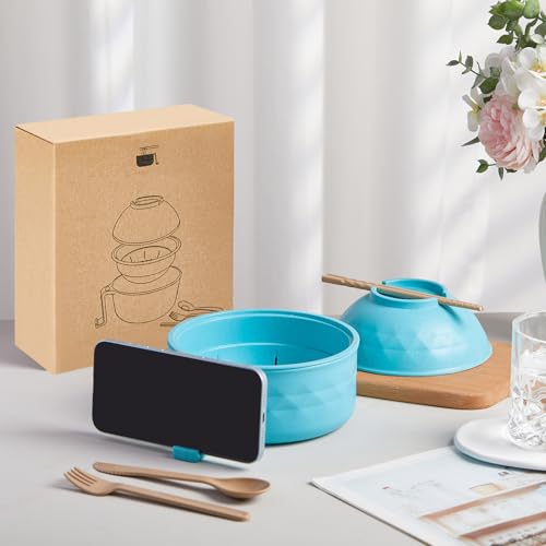 1 Set Microwave Ramen Cooker Bowl with Utensils, Sky Blue - color: Sky Blue
