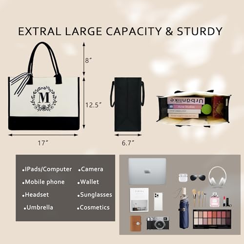 BeeGreen Embroidery Monogram Initial Tote Bag for Women Teacher Mom Friend Personalized Gift for Birthday Beach Work Wedding - color: Black With Natural, style: G