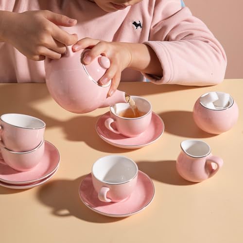 Sweejar Porcelain Tea Set for Little Girls,Kitchen Toys Tea Party Set for Kids Toddler Kitchen Pretend Toy Include Children Teapot, Cup & Saucer Set of 4, Sugar Bowl and Cream Pitcher(Pink Polka Dot) - color: Pink, style: Polka Dot