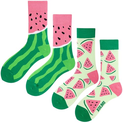 2 Pairs Cartoon Animal Crew Socks Fun Cotton Mid Calf Socks for Women - color: Watermelon